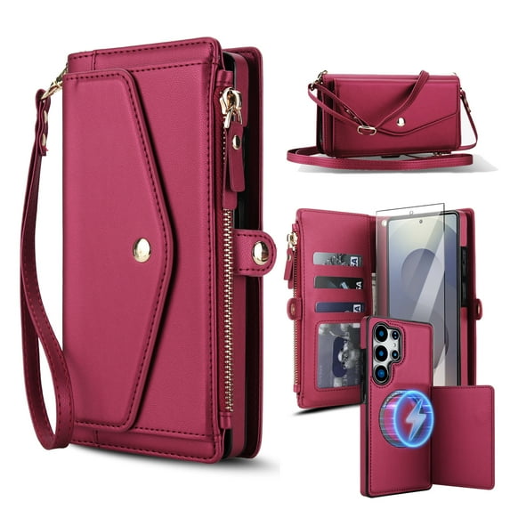 Dteck Crossbody Wallet for Samsung Galaxy S22 with Detachable Magnetic Phone Case, Compatible with MagSafe, RFID Blocking PU Leather Phone Case Flip Cover Wrist Strap Zipper Card Holder Slots,Red