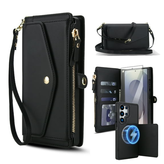 Dteck Crossbody Wallet for Samsung Galaxy S24 Ultra with Detachable Magnetic Phone Case, Compatible with MagSafe, RFID Blocking PU Leather Phone Case Flip Cover Wrist Strap Zipper Card Slots,Black