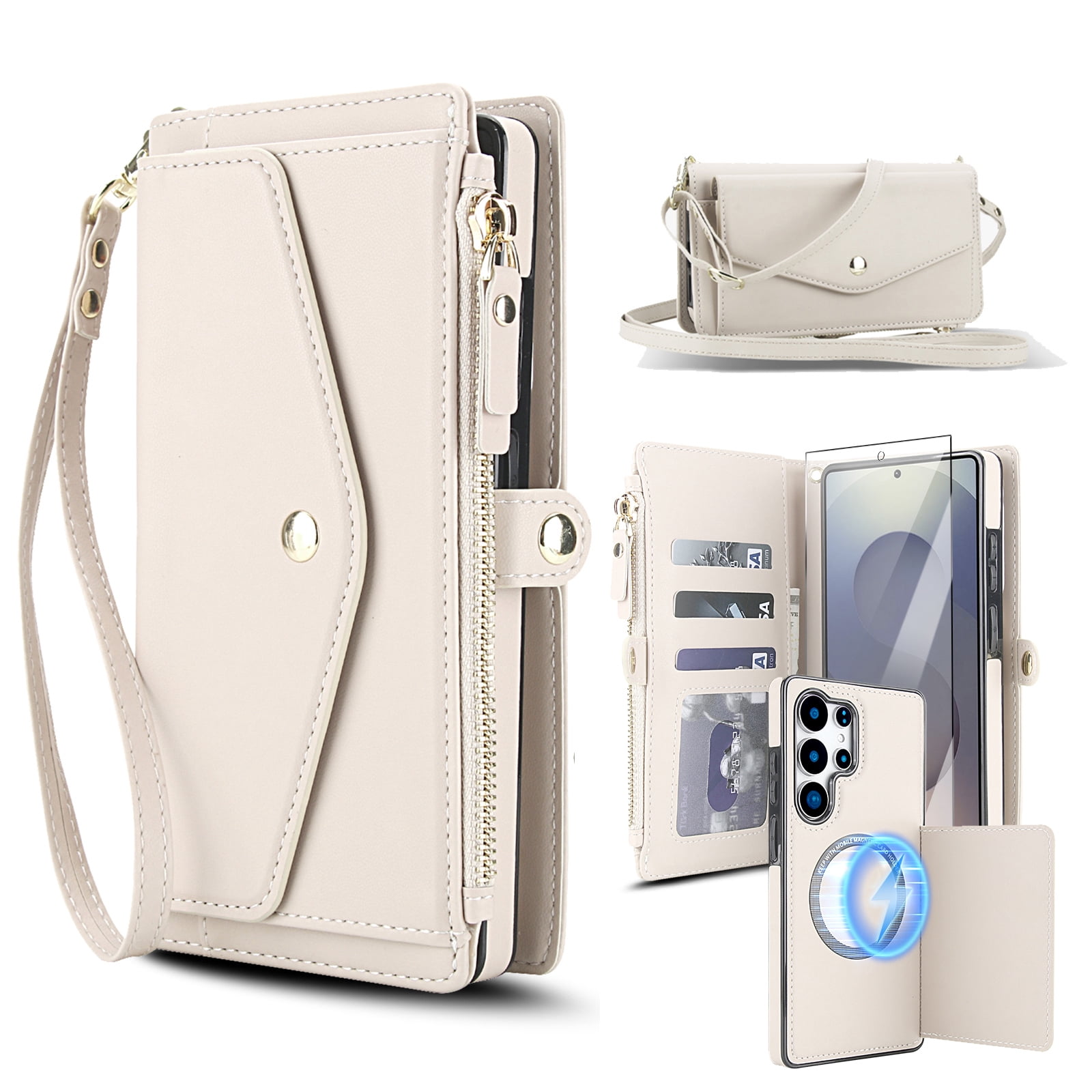 Dteck Crossbody Wallet for Samsung Galaxy S25 Ultra with Detachable Magnetic Phone Case, Compatible with MagSafe, RFID Blocking PU Leather Phone Case Flip Cover Wrist Strap Zipper Card Slots,White