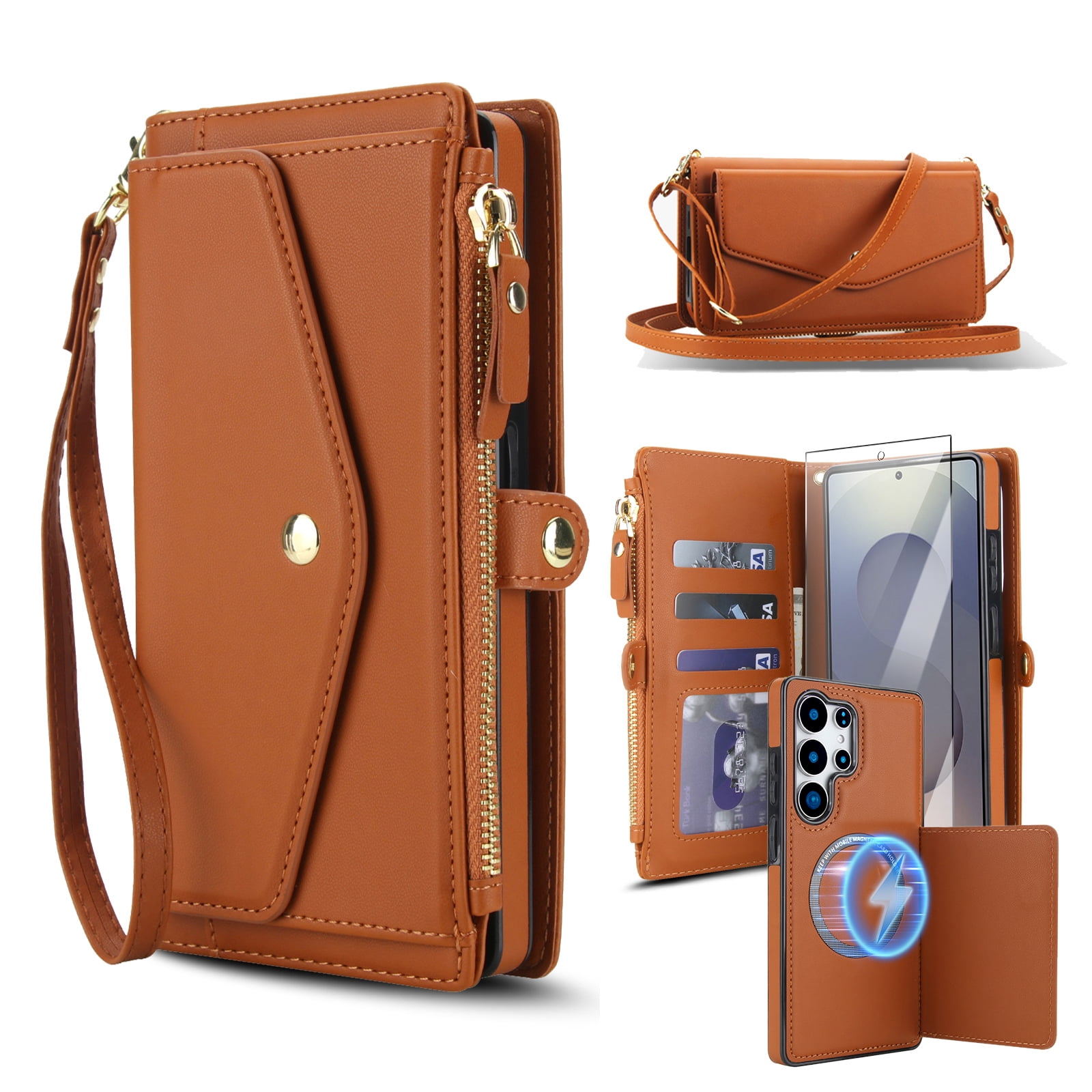 Dteck Crossbody Wallet for Samsung Galaxy S25 Ultra with Detachable Magnetic Phone Case, Compatible with MagSafe, RFID Blocking PU Leather Phone Case Flip Cover Wrist Strap Zipper Card Slots,Brown