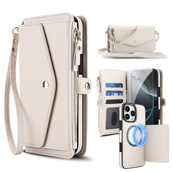Dteck Crossbody Wallet for iPhone 11 with Detachable Magnetic Phone Case, Compatible with MagSafe, RFID Blocking PU Leather Flip Cover Wrist Strap Zipper Card Holder Slots,White