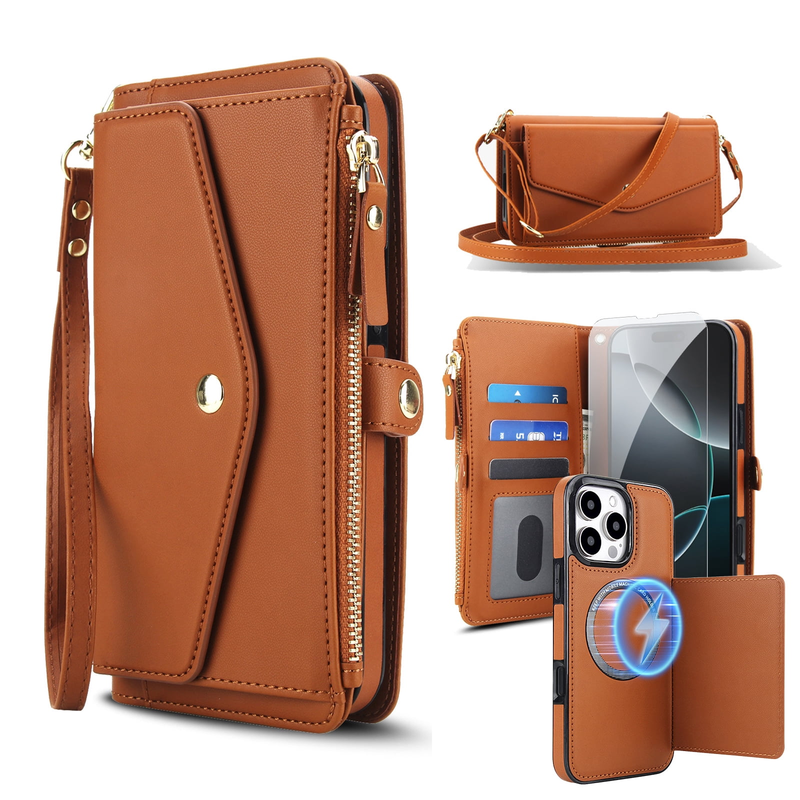 Dteck Crossbody Wallet for iPhone 14 with Detachable Magnetic Phone Case, Compatible with MagSafe, RFID Blocking PU Leather Flip Cover Wrist Strap Zipper Card Holder Slots,Brown