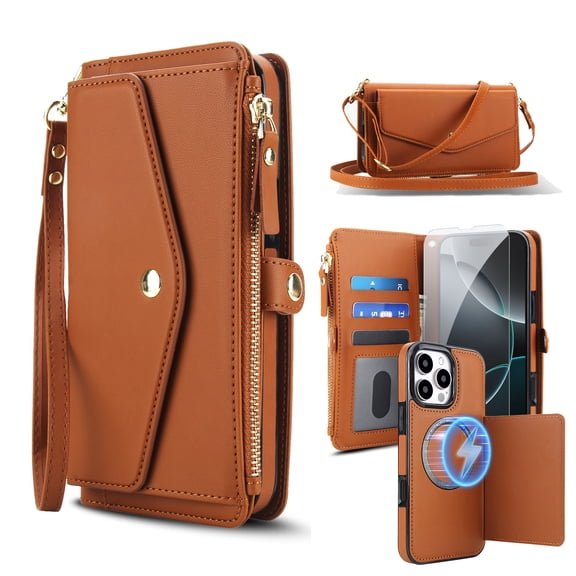 Dteck Crossbody Wallet for iPhone 14 with Detachable Magnetic Phone Case, Compatible with MagSafe, RFID Blocking PU Leather Flip Cover Wrist Strap Zipper Card Holder Slots,Brown