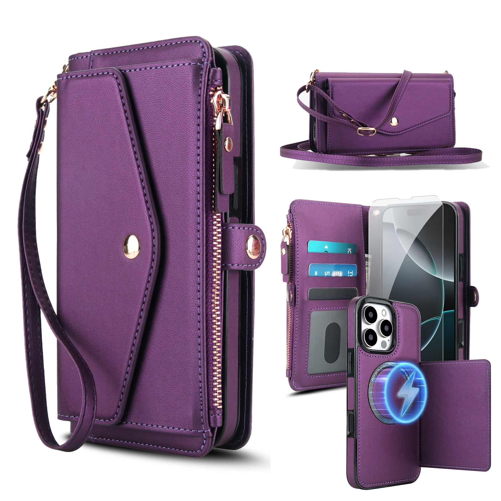 Dteck Crossbody Wallet for iPhone 14 with Detachable Magnetic Phone Case, Compatible with MagSafe, RFID Blocking PU Leather Flip Cover Wrist Strap Zipper Card Holder Slots,Purple