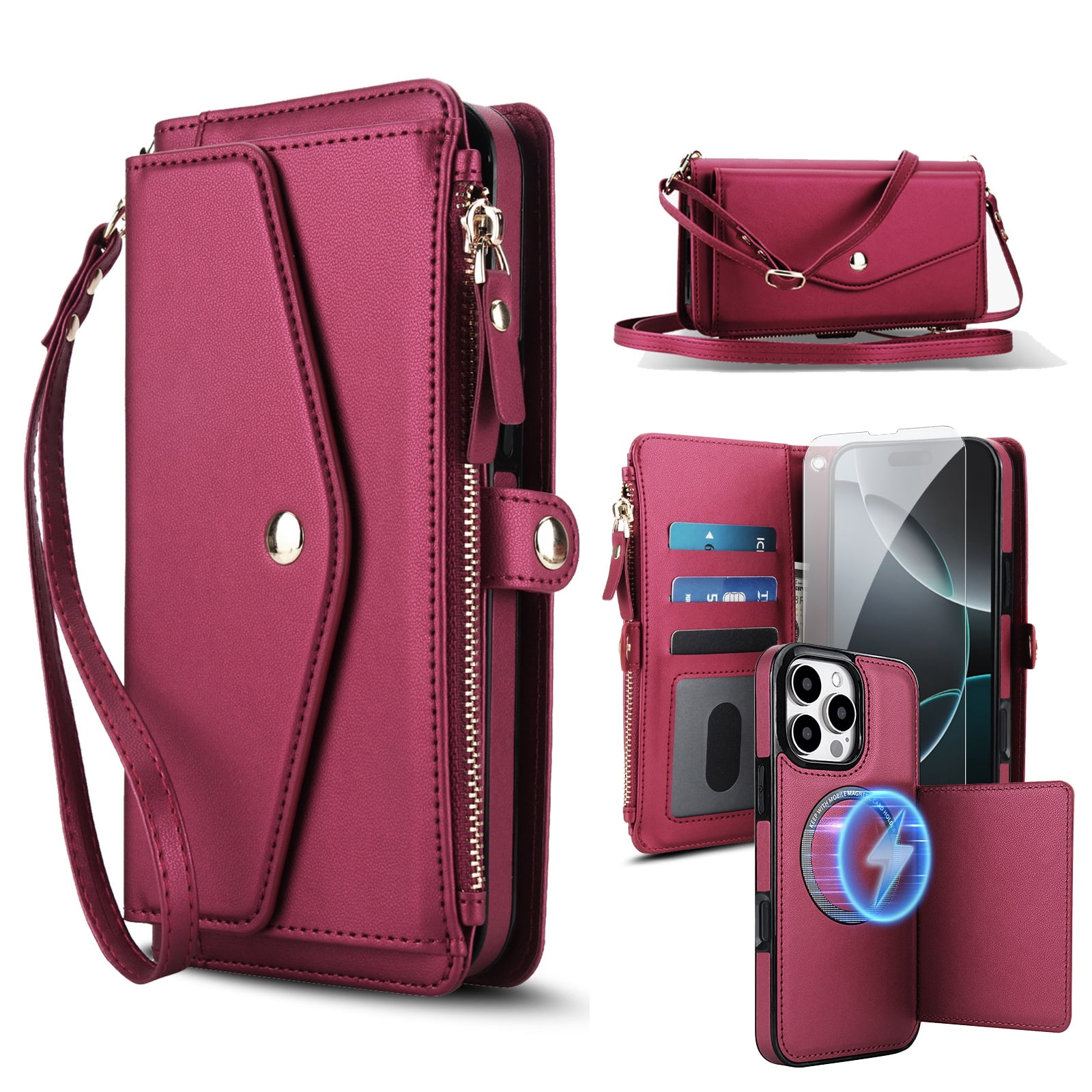 Dteck Crossbody Wallet for iPhone 14 Pro Max with Detachable Magnetic Phone Case, Compatible with MagSafe, RFID Blocking PU Leather Flip Cover Wrist Strap Zipper Card Holder Slots,Red
