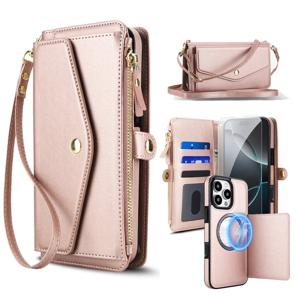 Dteck Crossbody Wallet for iPhone 15 Plus with Detachable Magnetic Phone Case, Compatible with MagSafe, RFID Blocking PU Leather Flip Cover Wrist Strap Zipper Card Holder Slots,Rosegold