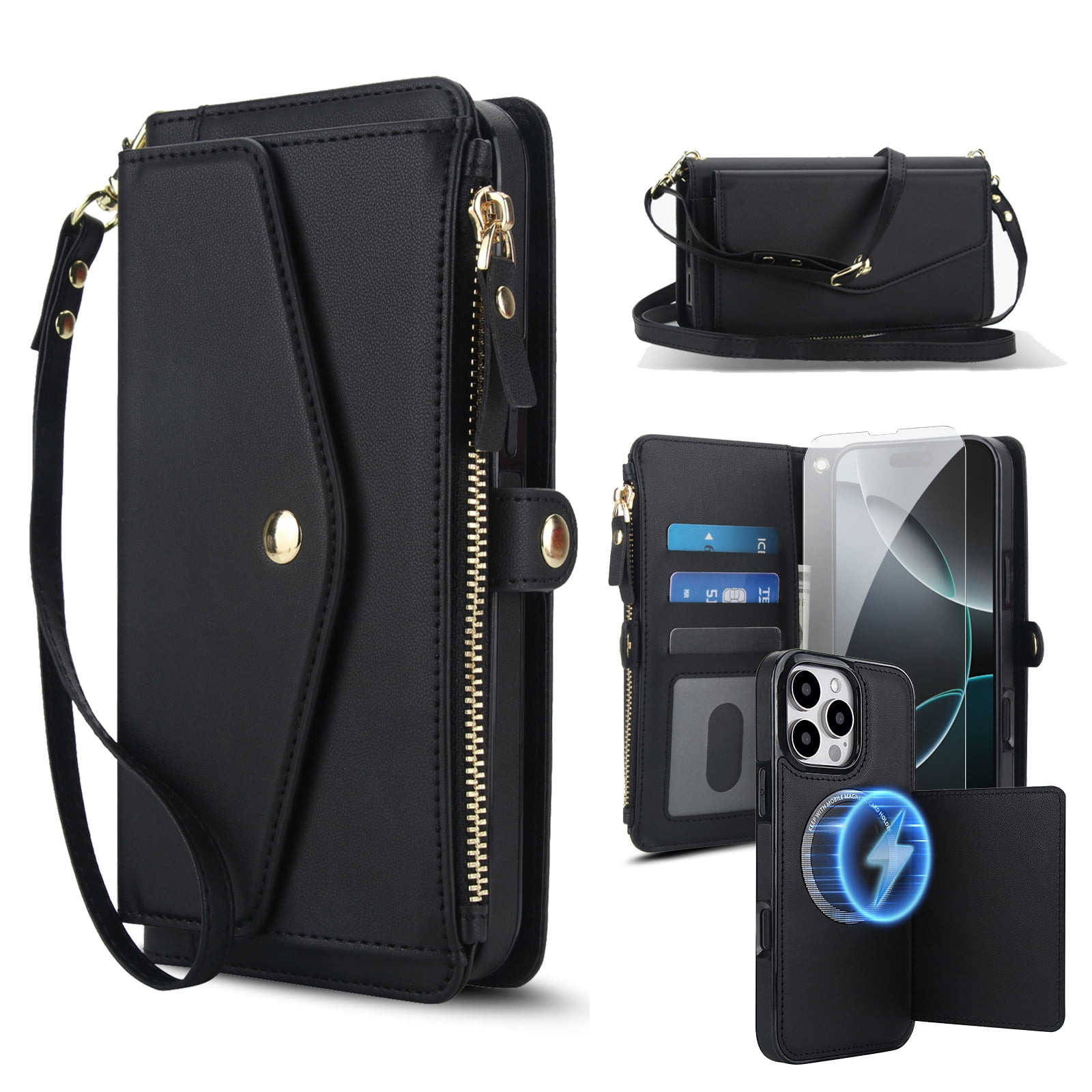 Dteck Crossbody Wallet for iPhone 15 Pro with Detachable Magnetic Phone Case, Compatible with MagSafe, RFID Blocking PU Leather Flip Cover Wrist Strap Zipper Card Holder Slots,Black