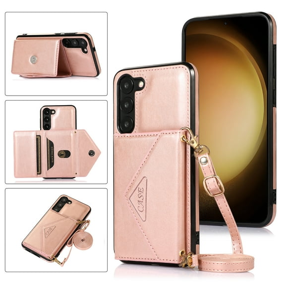Dteck Crossbody Women Wallet Case for Samsung Galaxy S23 Plus with Card Holder, Magnetic Removable Shoulder Lanyard Strap Purse Phone Cover,Rosegold