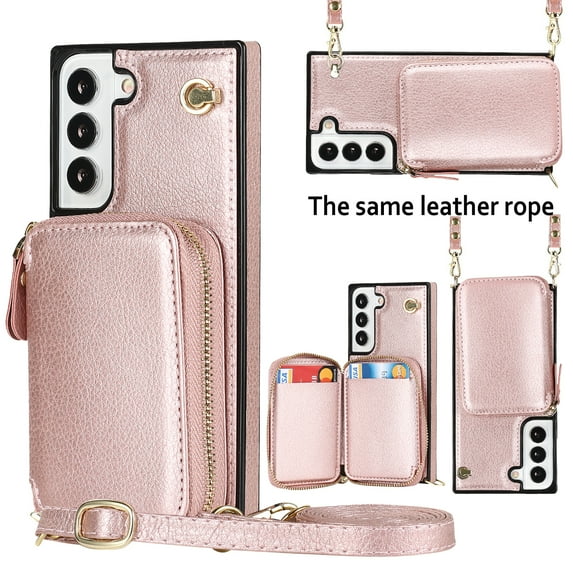 Dteck Crossbody Zipper Wallet Case for Samsung Galaxy S23 Plus,Shockproof PU Leather Credit Card Slot Holder Strap Shoulder Chain Flip PU Purse Kickstand Phone Cover for Women Girls,Rosegold