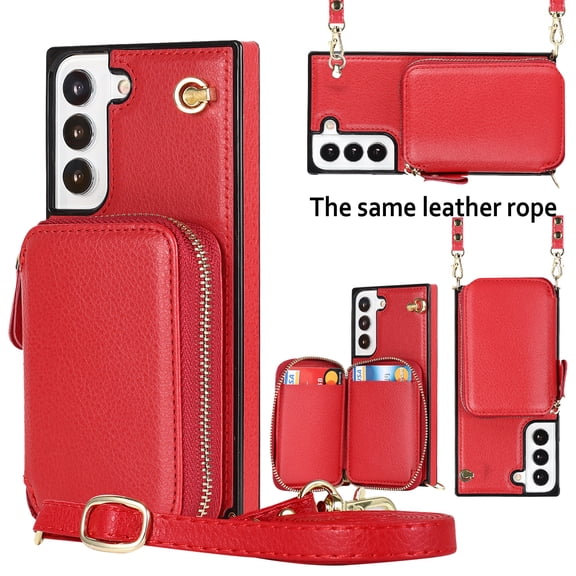 Dteck Crossbody Zipper Wallet Case for Samsung Galaxy S23,Shockproof PU Leather Credit Card Slot Holder Strap Shoulder Chain Flip PU Purse Kickstand Phone Cover for Women Girls,Red