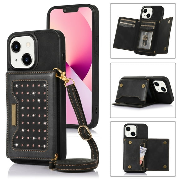 Dteck Crossbody purse for iPhone 15,Magnetic Leather Diamond Glitter Case Card Pocket Shockproof Rubber Kickstand Cover with Adjustable Shoulder Strap for Women, Black
