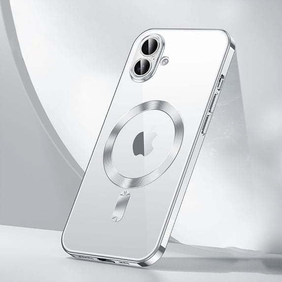 Dteck Crystal Clear Magnetic Case for iPhone 16 Plus,Luxury Plating Case Built-in Camera Lens Protector Compatible with MagSafe Slim Transparent Back Cover for iPhone 16 Plus,Silver