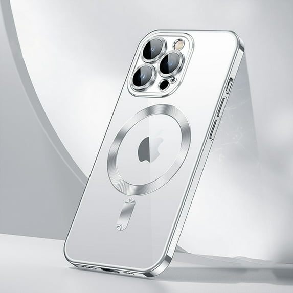 Dteck Crystal Clear Magnetic Case for iPhone 16 Pro Max,Luxury Plating Case Built-in Camera Lens Protector Compatible with MagSafe Slim Transparent Back Cover for iPhone 16 Pro Max,Silver