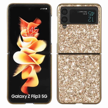Dteck Crystal Glitter Compatible with Samsung Galaxy Z Flip 3 5G Case, Bling Clear & Shockproof Protective Phone Cases Cute Thin Slim Cover for Women Girls (Gold)