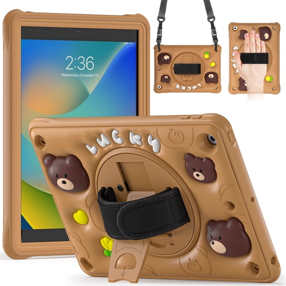 Dteck Cute Cartoon Case for iPad 9th/8th/7th Generation, iPad 10.2 Case with Cute 3D Duck Design Soft Covers for Boys Girls Teens Rotating Hand Strap & Stand Shoulder Strap Shockproof Kids Case,Bear
