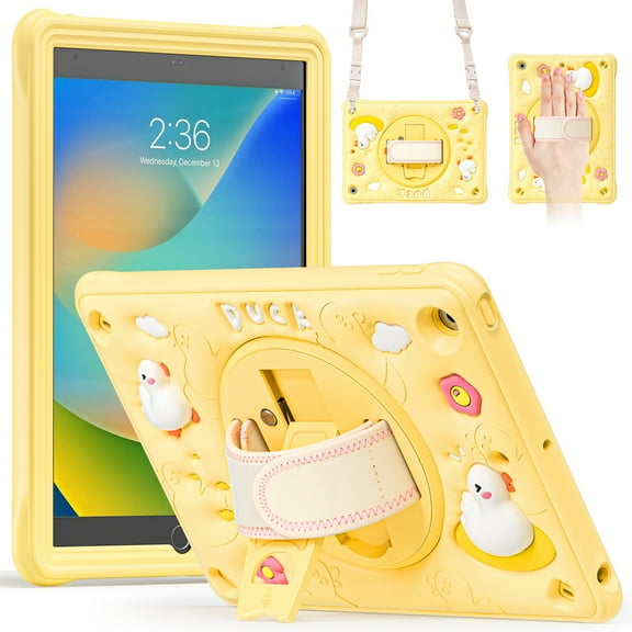 Dteck Cute Cartoon Case for iPad 9th/8th/7th Generation, iPad 10.2 Case with Cute 3D Duck Design Soft Covers for Boys Girls Teens Rotating Hand Strap & Stand Shoulder Strap Shockproof Kids Case,Duck