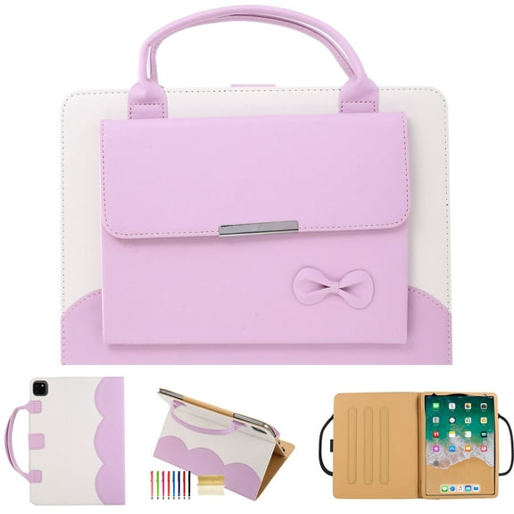 Dteck Cute Case for iPad Air 13 Inch 2024 / iPad Pro 12.9" 2022/2021/2020/2018, Slim Handbag Leather Protective Cover with Auto Wake/Sleep Stand Hand Strap Pocket for Girls Woman Kids,Pink Bowknot