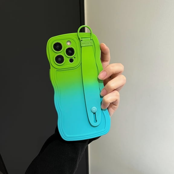 Dteck Cute Curly Wave Frame Shape For iPhone 15 Plus Case with Adjustable Wristband Kickstand Soft Silicone Shockproof Protective Multicolor Phone Cover for Women Girls, Green+Blue