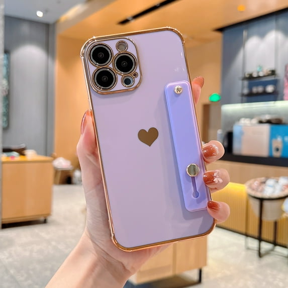 Dteck Designed for iPhone 13 Pro Case with Strap Luxury Love Heart Plating Gold Bumper Phone Cover Wristband Kickstand Full Body Protective Slim Case for Women for iPhone 13 Pro,Purple