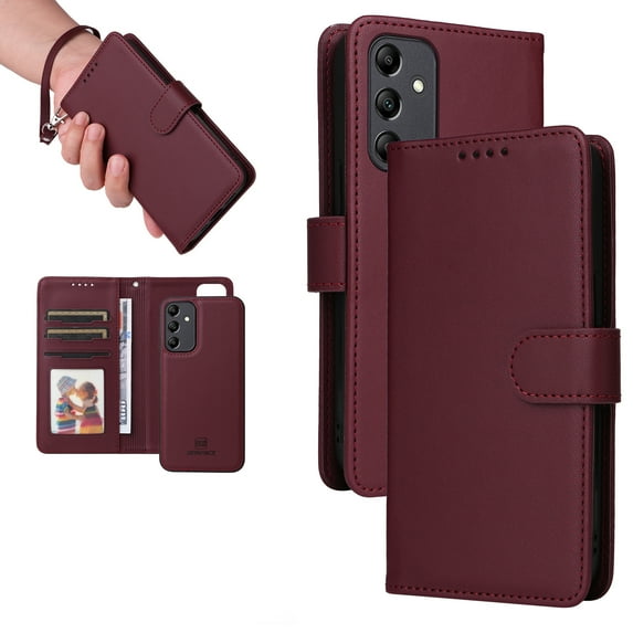 Dteck Detachable 2 in 1 Wallet Case for Samsung Galaxy S24 Plus,Magnetic Leather Card Slots Case Shockproof Rubber Mag-Safe Cover with Wrist Strap,Winered