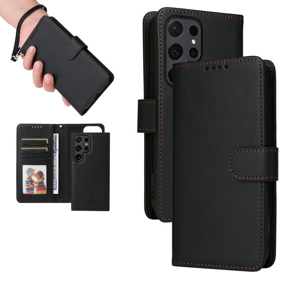 Dteck Detachable 2 in 1 Wallet Case for Samsung Galaxy S24,Magnetic Leather Card Slots Case Shockproof Rubber Mag-Safe Cover with Wrist Strap,Black