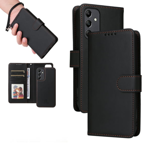 Dteck Detachable 2 in 1 Wallet Case for Samsung Galaxy S24 Ultra,Magnetic Leather Card Slots Case Shockproof Rubber Mag-Safe Cover with Wrist Strap,Black
