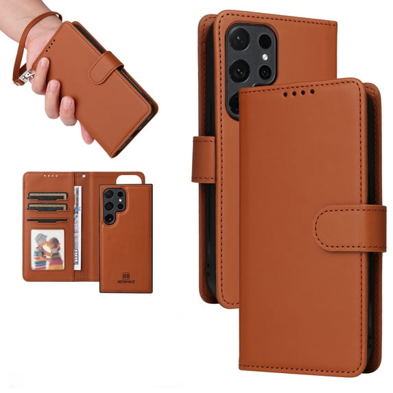 Dteck Detachable 2 in 1 Wallet Case for Samsung Galaxy S24,Magnetic Leather Card Slots Case Shockproof Rubber Mag-Safe Cover with Wrist Strap,Brown