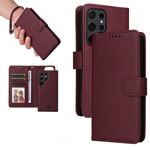 Dteck Detachable 2 in 1 Wallet Case for Samsung Galaxy S25,Magnetic Leather Card Slots Case Shockproof Rubber Mag-Safe Cover with Wrist Strap,Winered