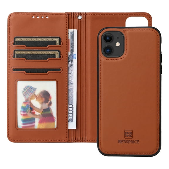 Dteck Detachable 2 in 1 Wallet Case for iPhone 11,Magnetic Leather Card Slots Case Shockproof Rubber Mag-Safe Cover with Wrist Strap,Brown