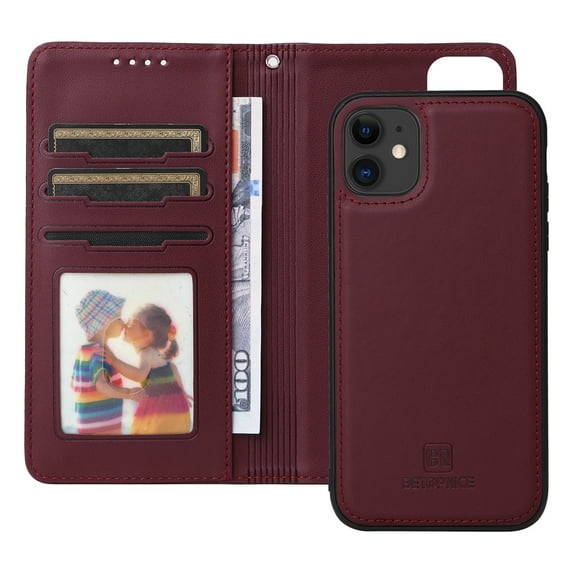 Dteck Detachable 2 in 1 Wallet Case for iPhone 11,Magnetic Leather Card Slots Case Shockproof Rubber Mag-Safe Cover with Wrist Strap,Winered