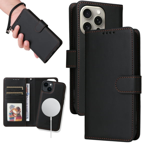Dteck Detachable 2 in 1 Wallet Case for iPhone 12 Pro Max,Magnetic Leather Card Slots Case Shockproof Rubber Mag-Safe Cover with Wrist Strap,Black