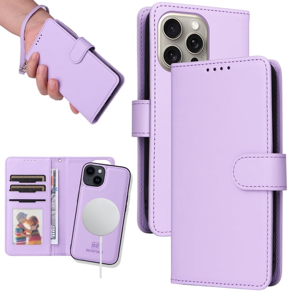 Dteck Detachable 2 in 1 Wallet Case for iPhone 12 Pro Max,Magnetic Leather Card Slots Case Shockproof Rubber Mag-Safe Cover with Wrist Strap,Purple
