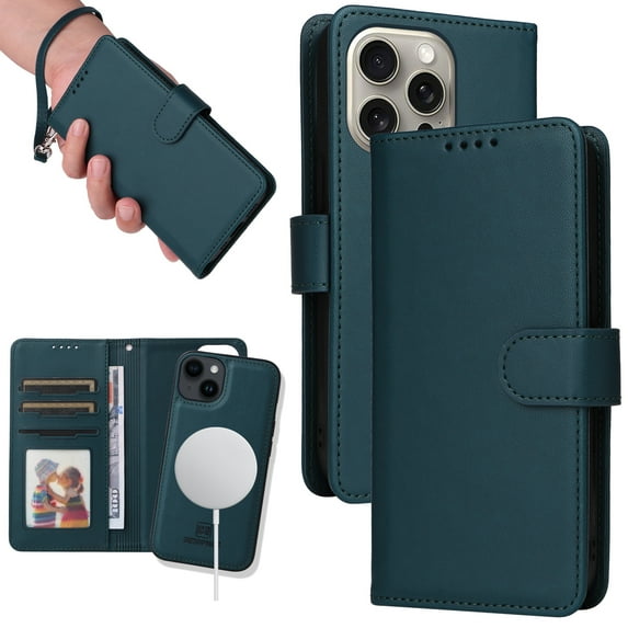 Dteck Detachable 2 in 1 Wallet Case for iPhone 13 Pro Max,Magnetic Leather Card Slots Case Shockproof Rubber Mag-Safe Cover with Wrist Strap,Blue