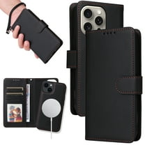 Dteck Detachable 2 in 1 Wallet Case for iPhone 15 Pro,Magnetic Leather Card Slots Case Shockproof Rubber Mag-Safe Cover with Wrist Strap,Black