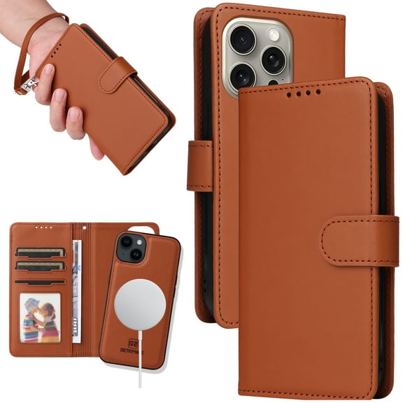 Dteck Detachable 2 in 1 Wallet Case for iPhone 15 Pro,Magnetic Leather Card Slots Case Shockproof Rubber Mag-Safe Cover with Wrist Strap,Brown