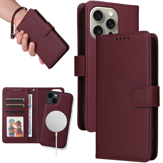 Dteck Detachable 2 in 1 Wallet Case for iPhone 15 Pro,Magnetic Leather Card Slots Case Shockproof Rubber Mag-Safe Cover with Wrist Strap,Winered