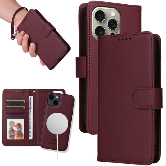 Dteck Detachable 2 in 1 Wallet Case for iPhone 15 Pro Max,Magnetic Leather Card Slots Case Shockproof Rubber Mag-Safe Cover with Wrist Strap,Winered