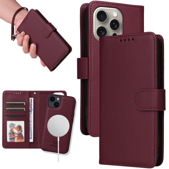 Dteck Detachable 2 in 1 Wallet Case for iPhone 16 Pro,Magnetic Leather Card Slots Case Shockproof Rubber Mag-Safe Cover with Wrist Strap,Winered
