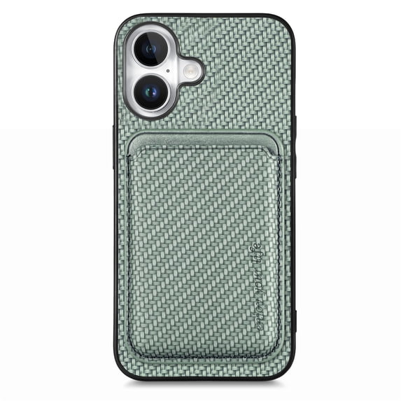 Dteck Detachable Back Cover for iPhone 16 with Card Holder, Magnetic Wallet Pocket Carbon Fiber Texture PU Leather Slim Phone Case, Green