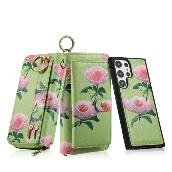 Dteck Detachable Magnetic Case for Samsung Galaxy Note 20, RFID Blocking Multifunction Wallet for Women Zipper Long Purse with Removable Wristlet,Green