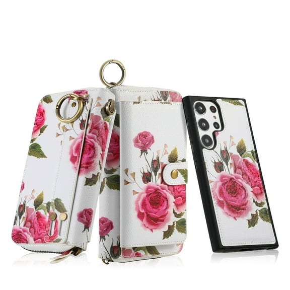 Dteck Detachable Magnetic Case for Samsung Galaxy S22 Ultra, RFID Blocking Multifunction Wallet for Women Zipper Long Purse with Removable Wristlet,White