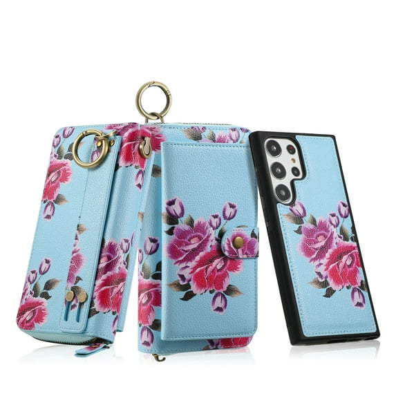 Dteck Detachable Magnetic Case for Samsung Galaxy S23, RFID Blocking Multifunction Wallet for Women Zipper Long Purse with Removable Wristlet,Blue