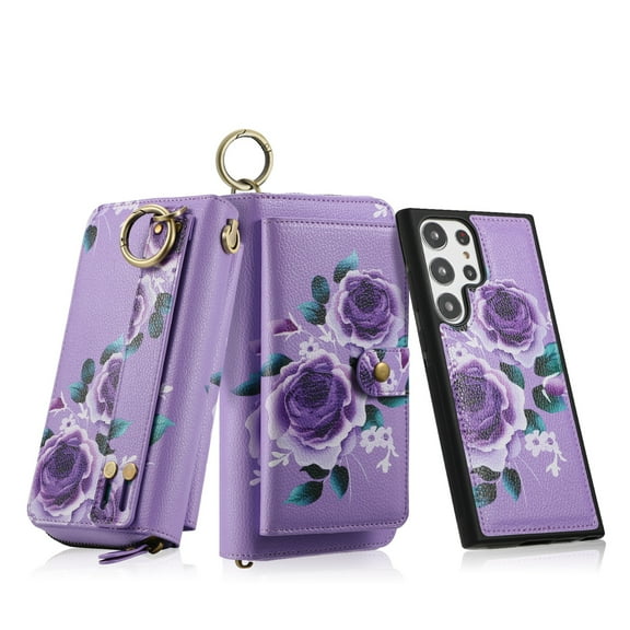 Dteck Detachable Magnetic Case for Samsung Galaxy S23, RFID Blocking Multifunction Wallet for Women Zipper Long Purse with Removable Wristlet,Purple