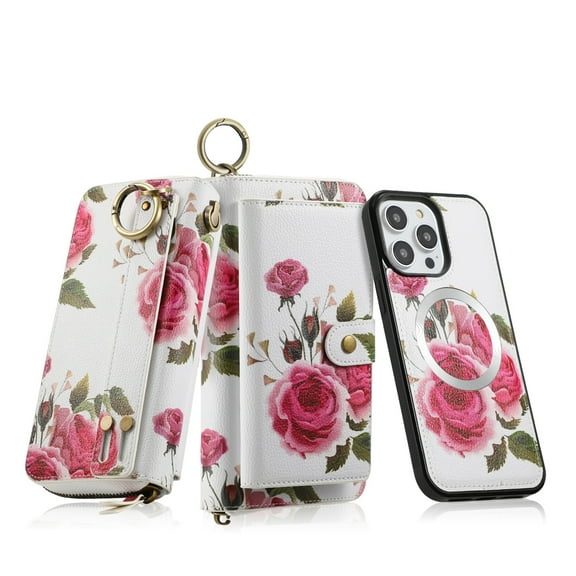 Dteck Detachable Magnetic Case for iPhone 12 Pro Max, RFID Blocking Multifunction Wallet for Women Zipper Long Purse with Removable Wristlet,White