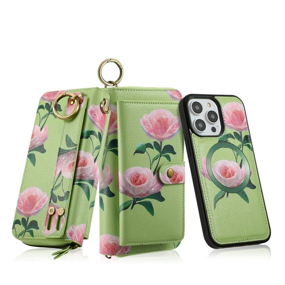 Dteck Detachable Magnetic Case for iPhone 13, RFID Blocking Multifunction Wallet for Women Zipper Long Purse with Removable Wristlet,Green