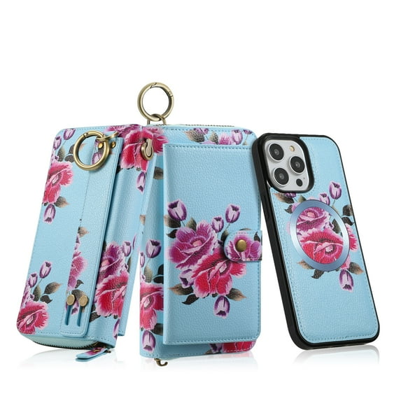 Dteck Detachable Magnetic Case for iPhone 14 Pro Max, RFID Blocking Multifunction Wallet for Women Zipper Long Purse with Removable Wristlet,Blue