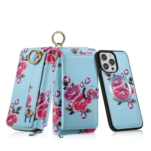 Dteck Detachable Magnetic Case for iPhone 14, RFID Blocking Multifunction Wallet for Women Zipper Long Purse with Removable Wristlet,Blue