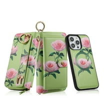 Dteck Detachable Magnetic Case for iPhone 14, RFID Blocking Multifunction Wallet for Women Zipper Long Purse with Removable Wristlet,Green