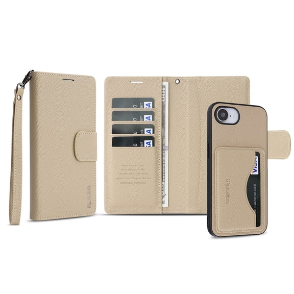 Dteck Detachable Magnetic Phone Case for iPhone 17e / iPhone 16e, RFID Blocking PU Leather Wallet with Wrist Strap,Apricot