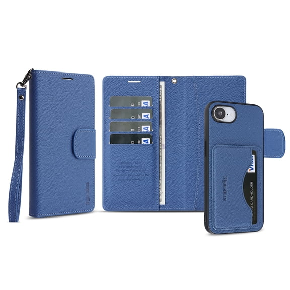 Dteck Detachable Magnetic Phone Case for iPhone 17e / iPhone 16e, RFID Blocking PU Leather Wallet with Wrist Strap,Blue